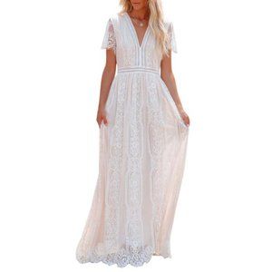 MERMAID'S CLOSET White Floral Lace Romantic Wedding Photo Dress V Neck  M